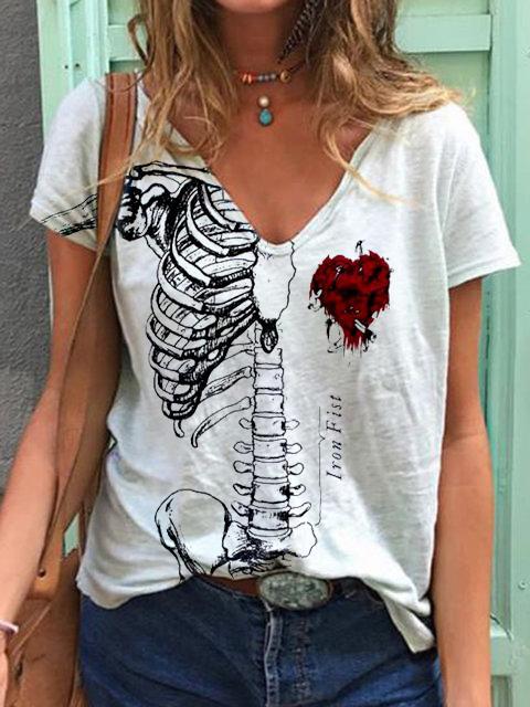 Women's Halloween skeleton print V neck T-shirt top