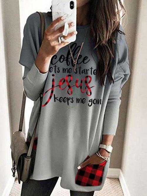 Women's Coffee Gets Me Started Jesus Keeps Me Going Print Long T-Shirt