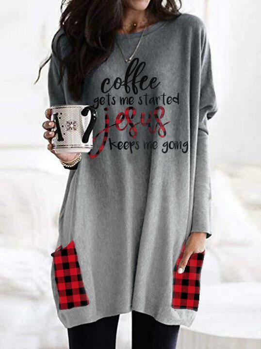 Women's Coffee Gets Me Started Jesus Keeps Me Going Print Long T-Shirt