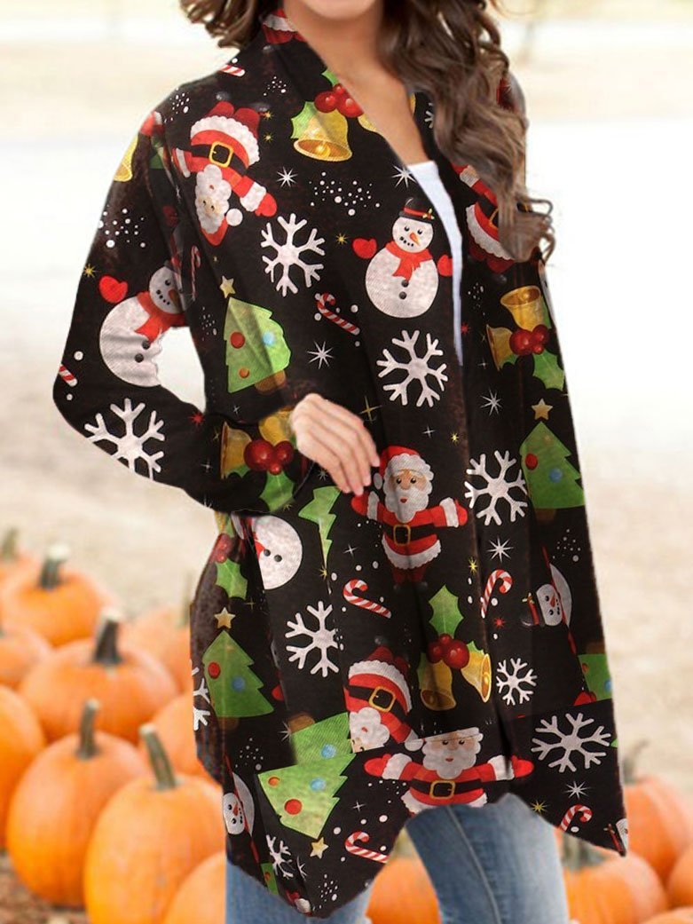 Ladies Christmas Santa Snowman Snowflake Print Cardigan