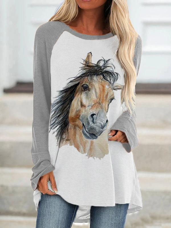 Ladies Funny Cute Horse Printed Spliced Color T-shirts