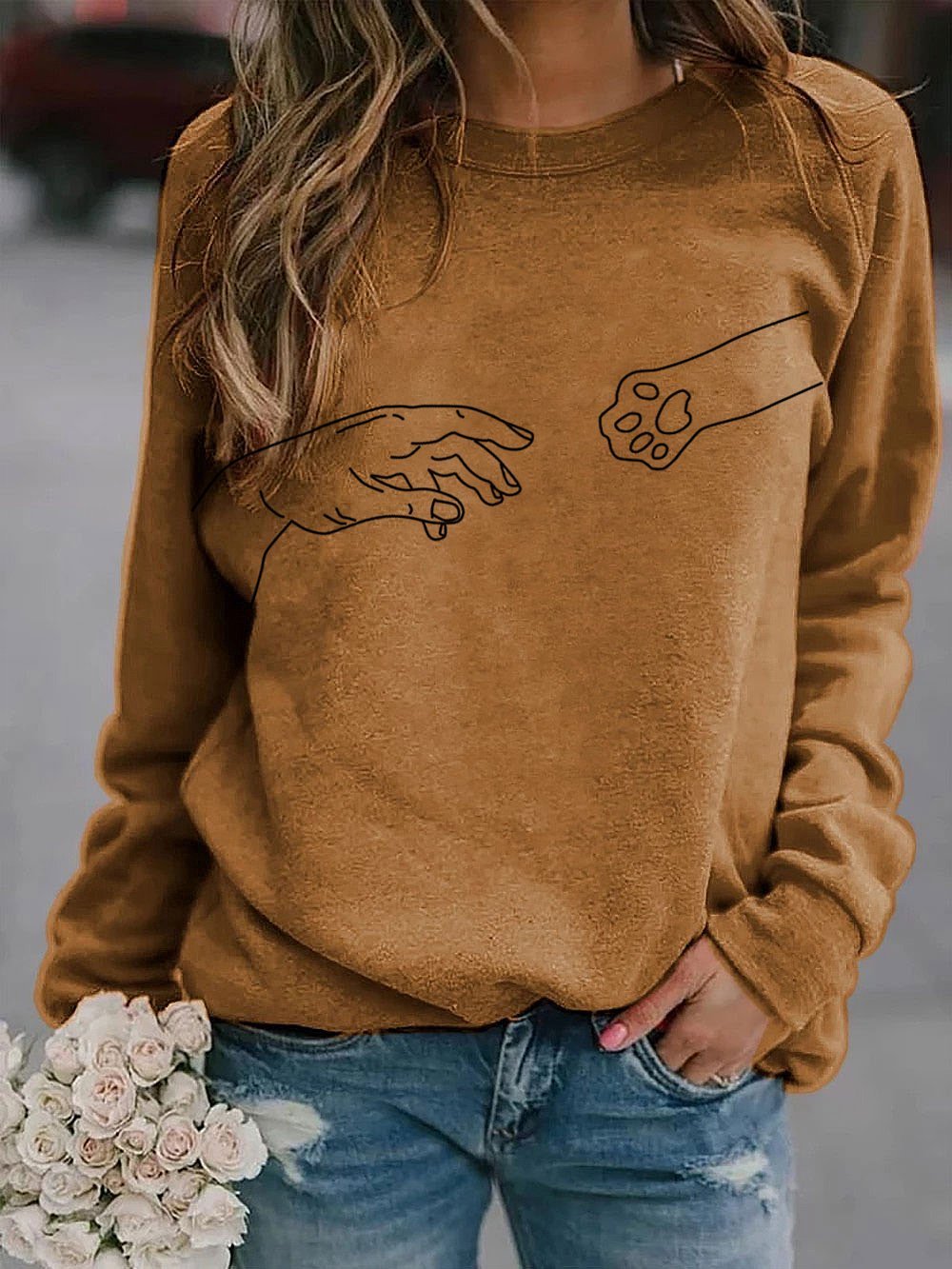 Dog paw printed round neck casual sweatshirt
