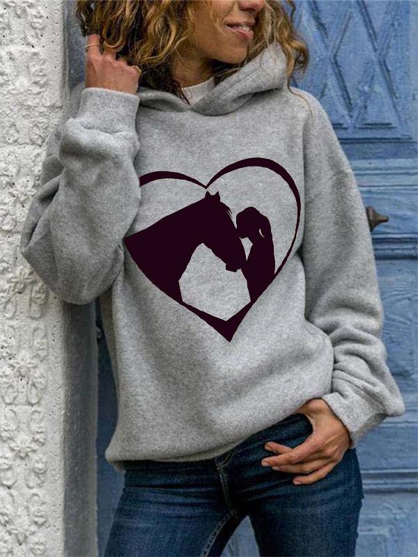 Animal Love Horse Print Long Sleeve Pullover Hoodie