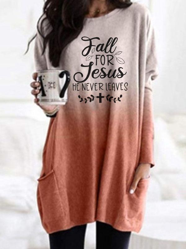 Women Fall For Jesus He Never Leaves Printed Long Sleeve T-shirts
