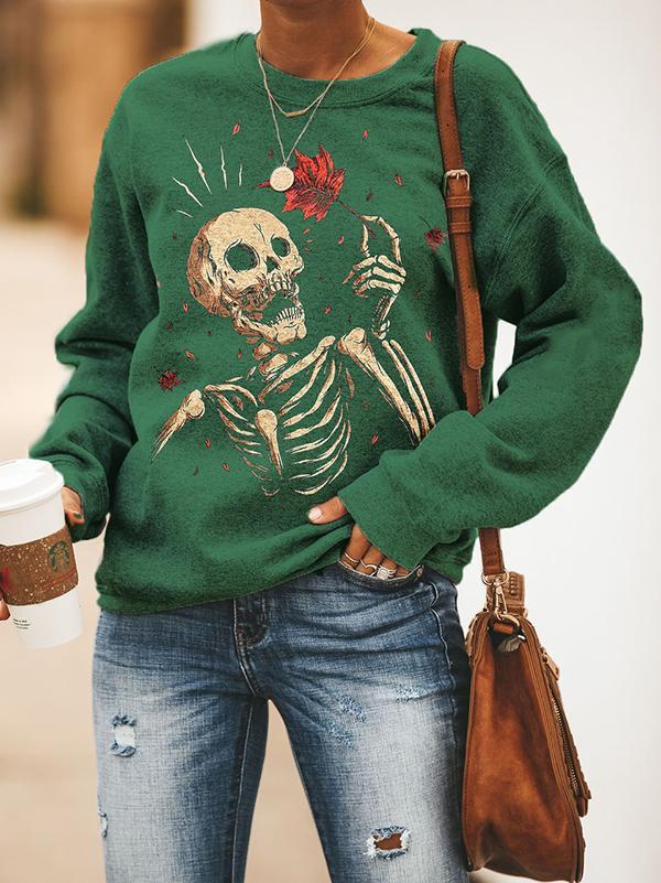 Casual crew neck Halloween skull print sweatshirt