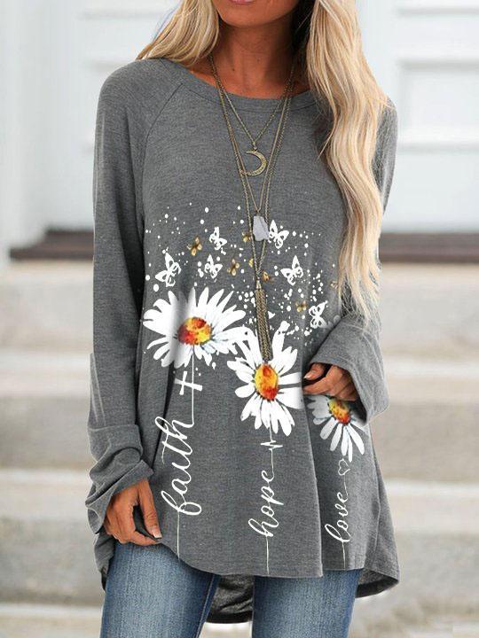 Women's Daisy Faith Print Crew Neck Casual Top