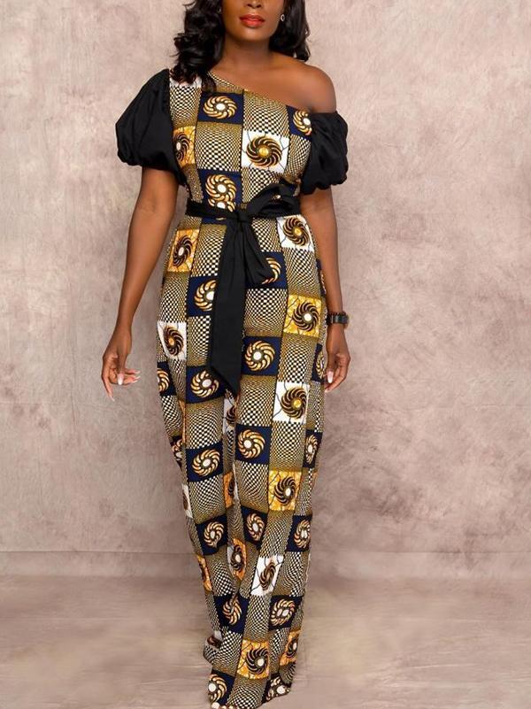 Women's retro strapless print lace-up jumpsuit