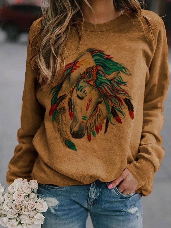 Ladies fun horse head print casual sweater