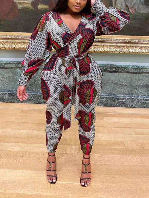 Women's V-neck Printed Lace-up Long Sleeve Jumpsuit