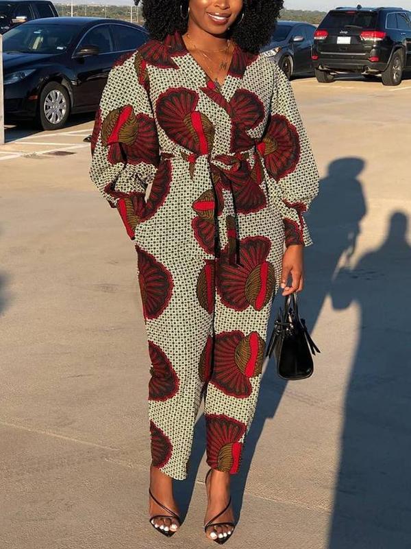 Women's V-neck Printed Lace-up Long Sleeve Jumpsuit