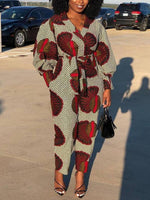 Load image into Gallery viewer, Women&#39;s V-neck Printed Lace-up Long Sleeve Jumpsuit
