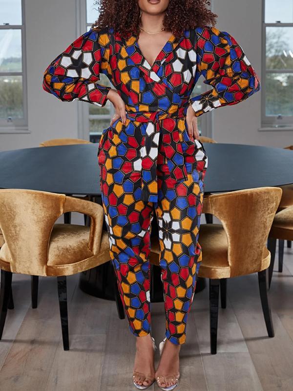 Women's V-neck Printed Lace-up Long Sleeve Jumpsuit