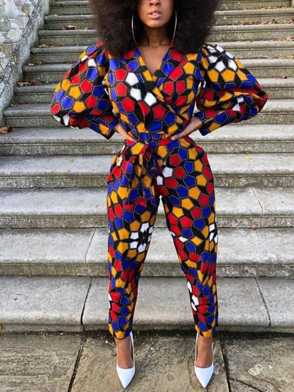 Women's V-neck Printed Lace-up Long Sleeve Jumpsuit