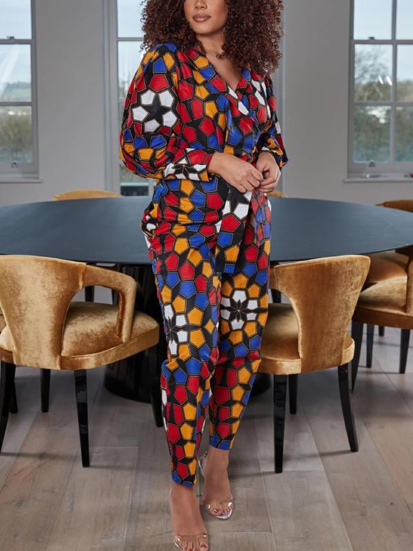 Women's V-neck Printed Lace-up Long Sleeve Jumpsuit