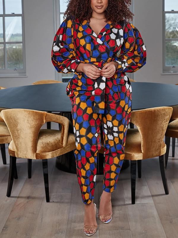 Women's V-neck Printed Lace-up Long Sleeve Jumpsuit