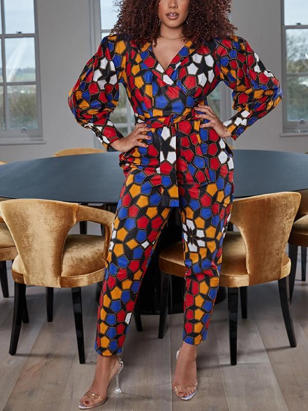 Women's V-neck Printed Lace-up Long Sleeve Jumpsuit