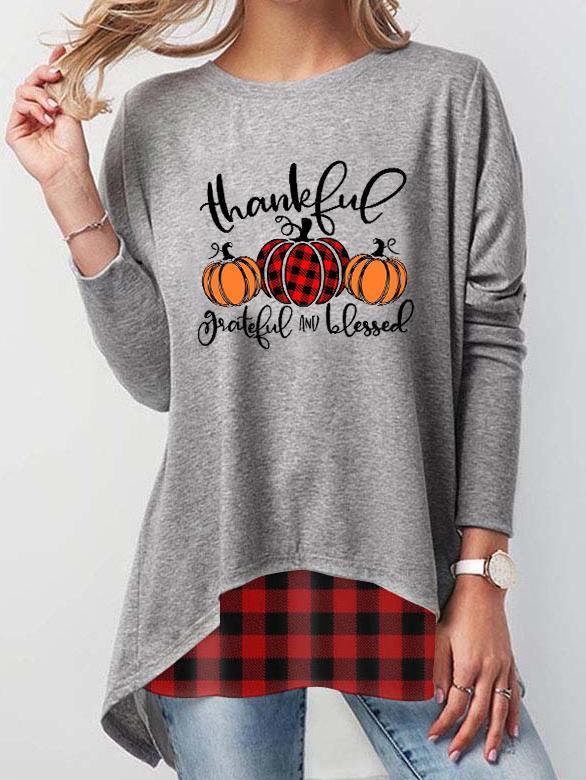 Women's Thanksgiving Day Thankful Grateful And Blessed Printed Plaid T-shirt