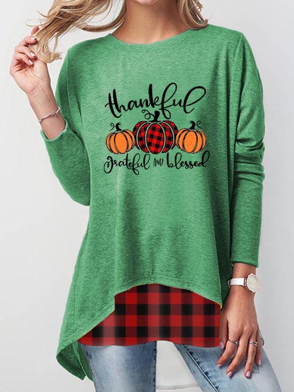 Women's Thanksgiving Day Thankful Grateful And Blessed Printed Plaid T-shirt