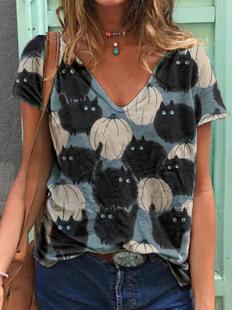 Women's Halloween Pumpkin Cat print V neck T-shirt top