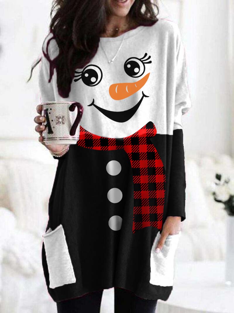 Ladies Plaid Snowman Print Casual Long Top