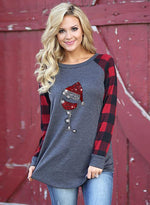 Load image into Gallery viewer, Women&#39;s Christmas  Hat And Wineglass Print Long-sleeved Red Plaid Stitching Sweatshirt
