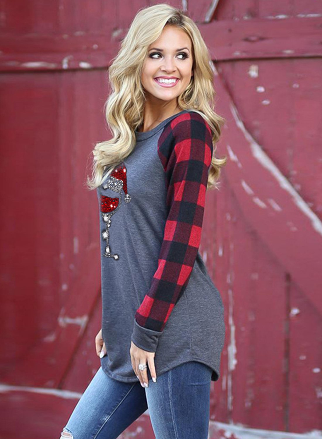 Women's Christmas  Hat And Wineglass Print Long-sleeved Red Plaid Stitching Sweatshirt