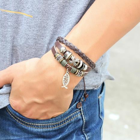 Jesus Small Fish Beaded Leather Bracelet