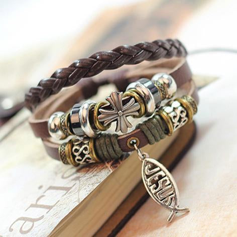 Jesus Small Fish Beaded Leather Bracelet