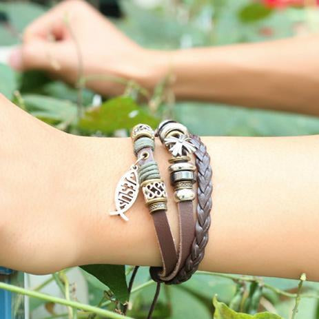 Jesus Small Fish Beaded Leather Bracelet