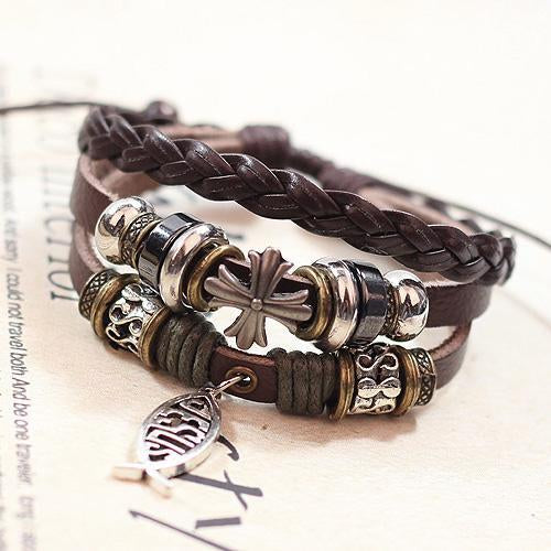Jesus Small Fish Beaded Leather Bracelet