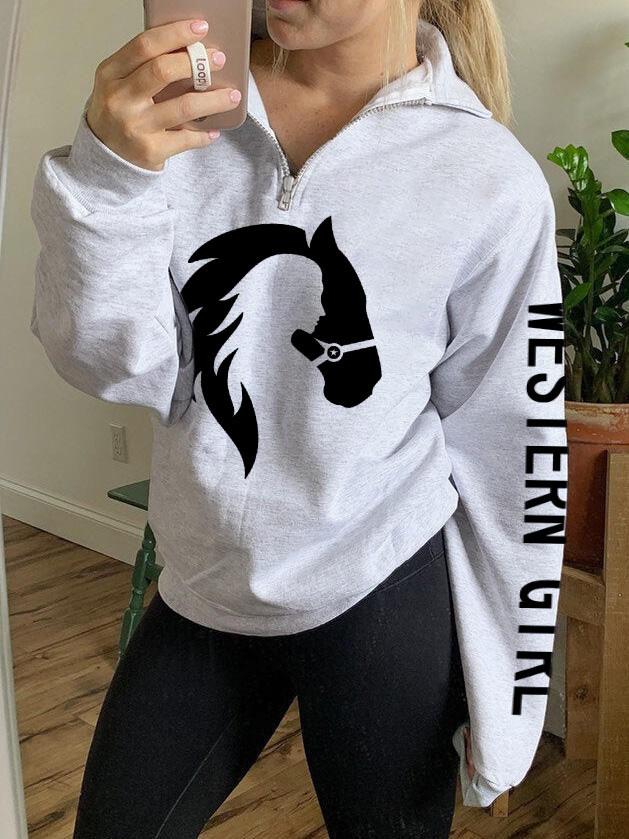 Girl And Horse Print Zip Sweatshirt