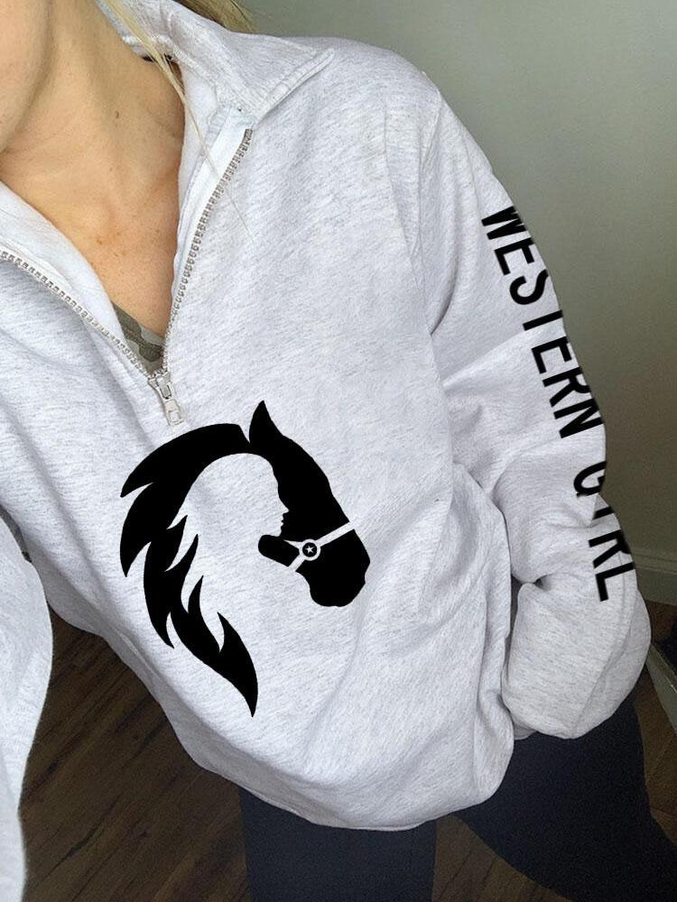 Girl And Horse Print Zip Sweatshirt