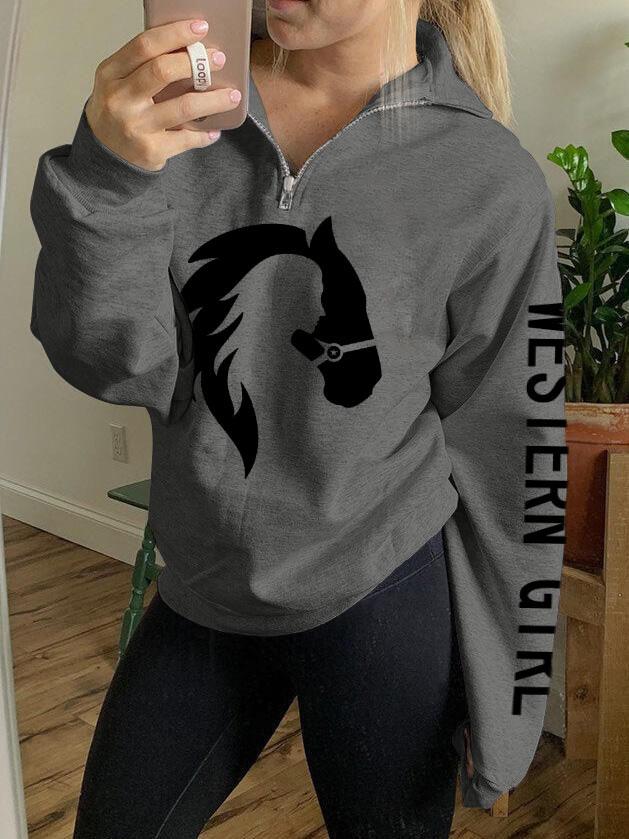 Girl And Horse Print Zip Sweatshirt
