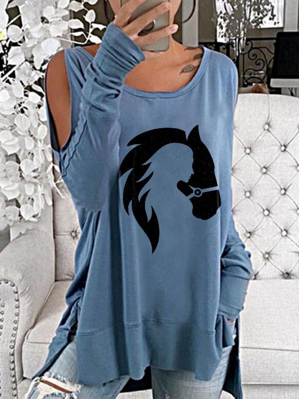 Ladies Horse Print Off Shoulder Long Sleeve T-Shirt