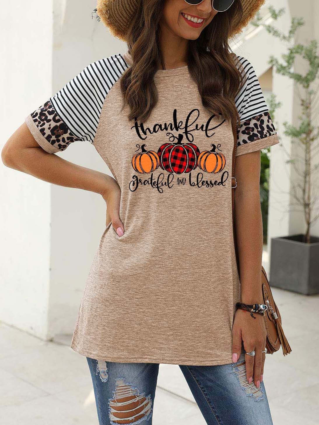 Women's Thankful Grateful And Blessed Printed Short-sleeved Leopard Print Stitching Casual T-shirt