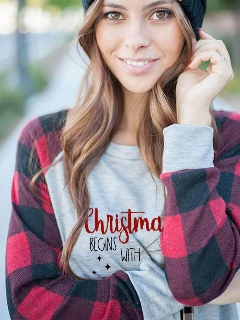 Women's Christmas Begins With Christ Cross Print T-shirt
