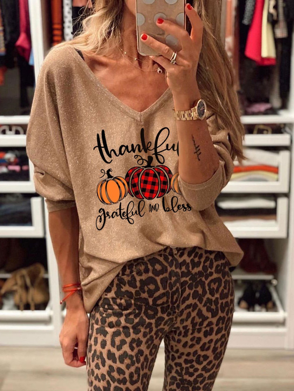 Women's Thankful Grateful And Blessed printed Short-sleeved Casual T-shirt