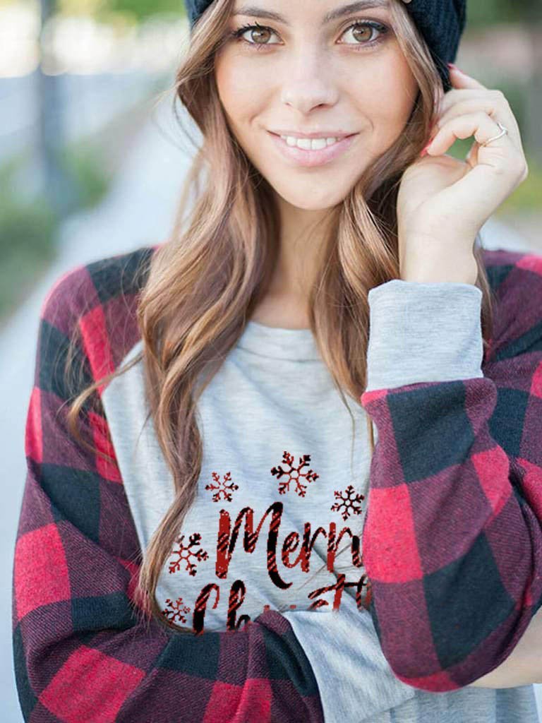 Women's Merry Christmas Plaid Long Sleeve Top