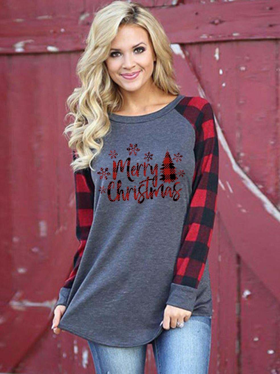 Women's Merry Christmas Plaid Long Sleeve Top