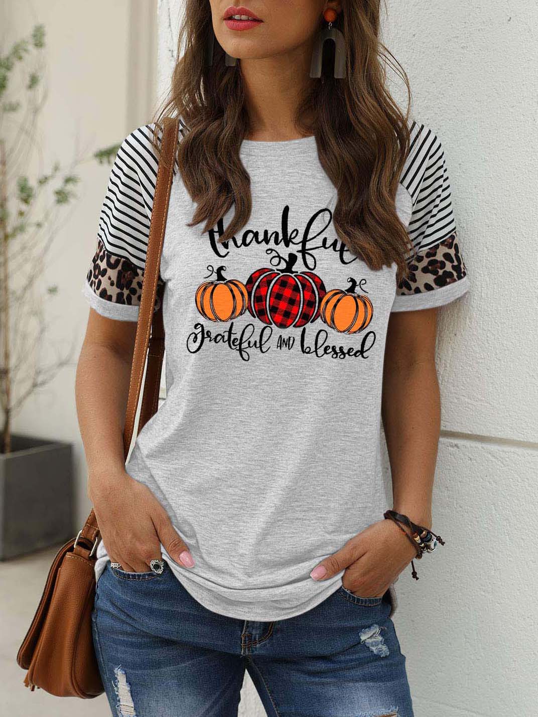 Women's Thankful Grateful And Blessed Printed Short-sleeved Leopard Print Stitching Casual T-shirt