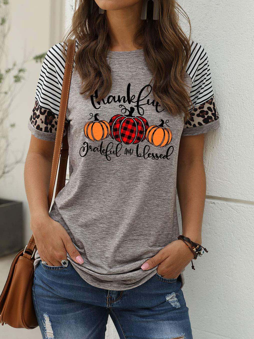 Women's Thankful Grateful And Blessed Printed Short-sleeved Leopard Print Stitching Casual T-shirt