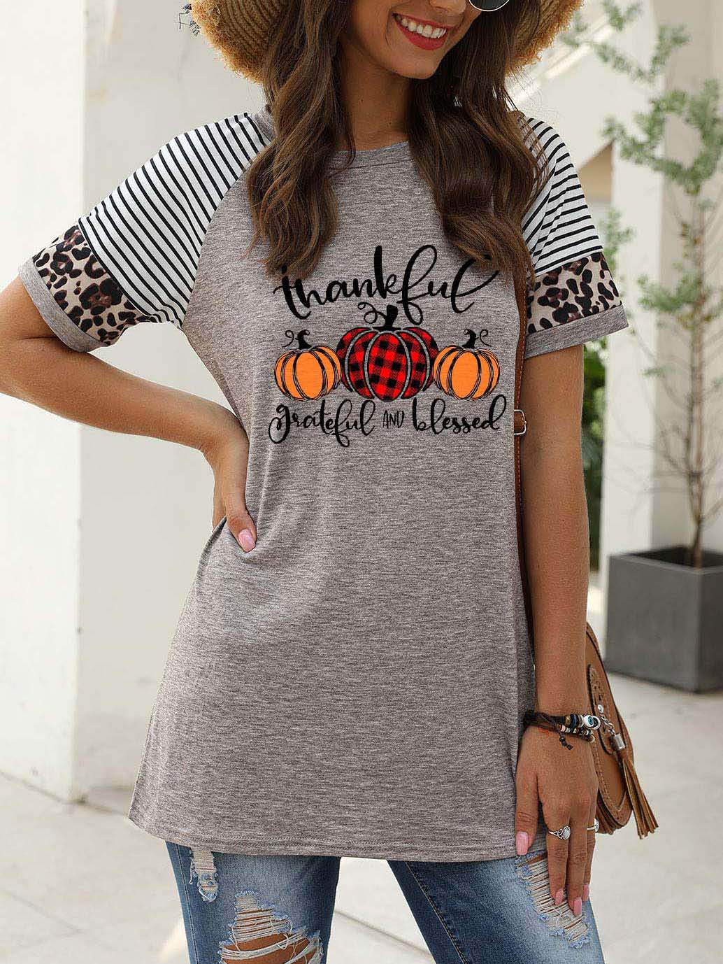 Women's Thankful Grateful And Blessed Printed Short-sleeved Leopard Print Stitching Casual T-shirt
