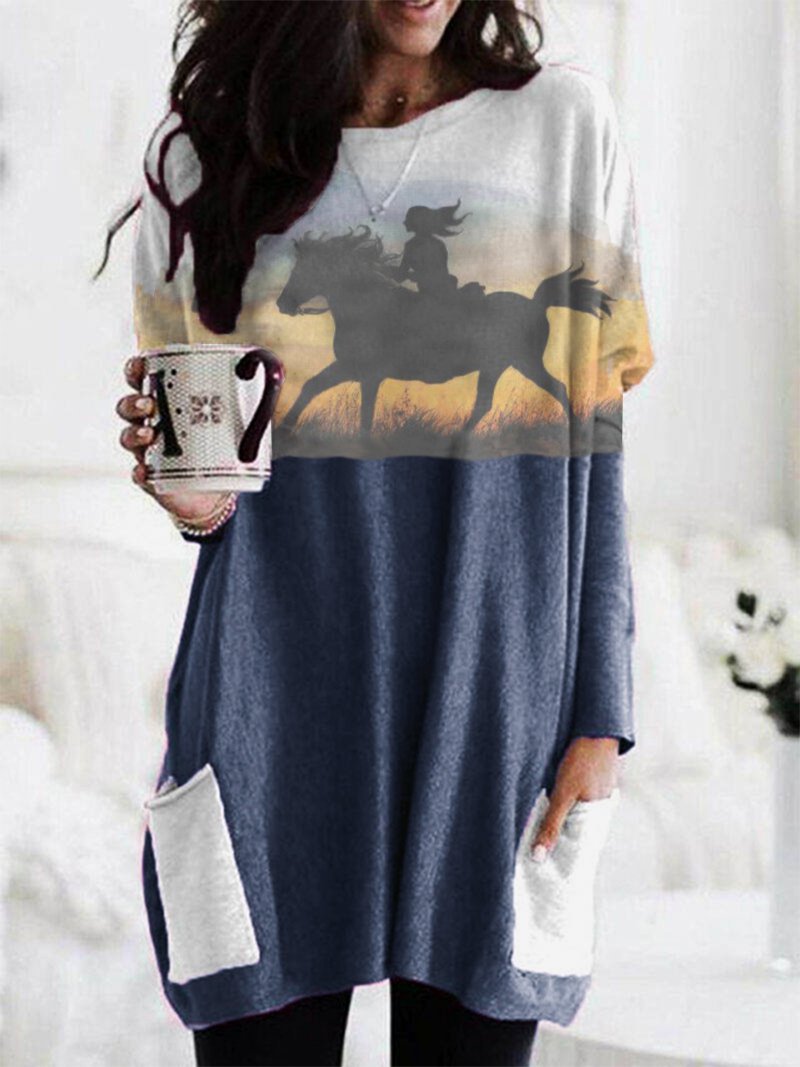 Girl And Horse Print Casual Long Sleeve T-shirt