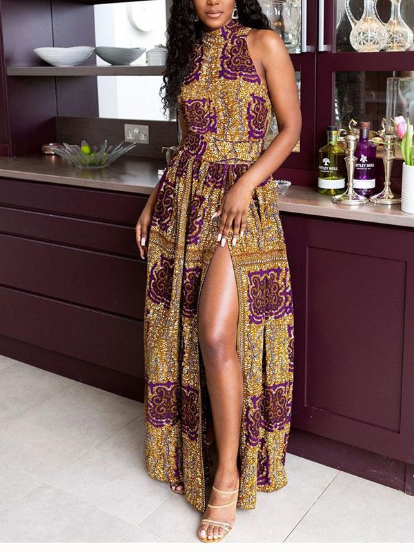 Women's Ankara Print Off Shoulder Sleeveless Slit Dress