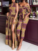 Load image into Gallery viewer, Women&#39;s Ankara Print Off Shoulder Sleeveless Slit Dress
