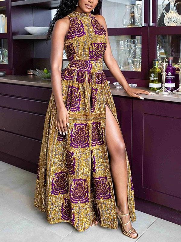 Women's Ankara Print Off Shoulder Sleeveless Slit Dress