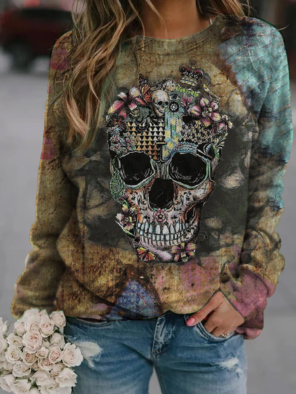 Halloween Skull Art Print Cozy Sweatshirt