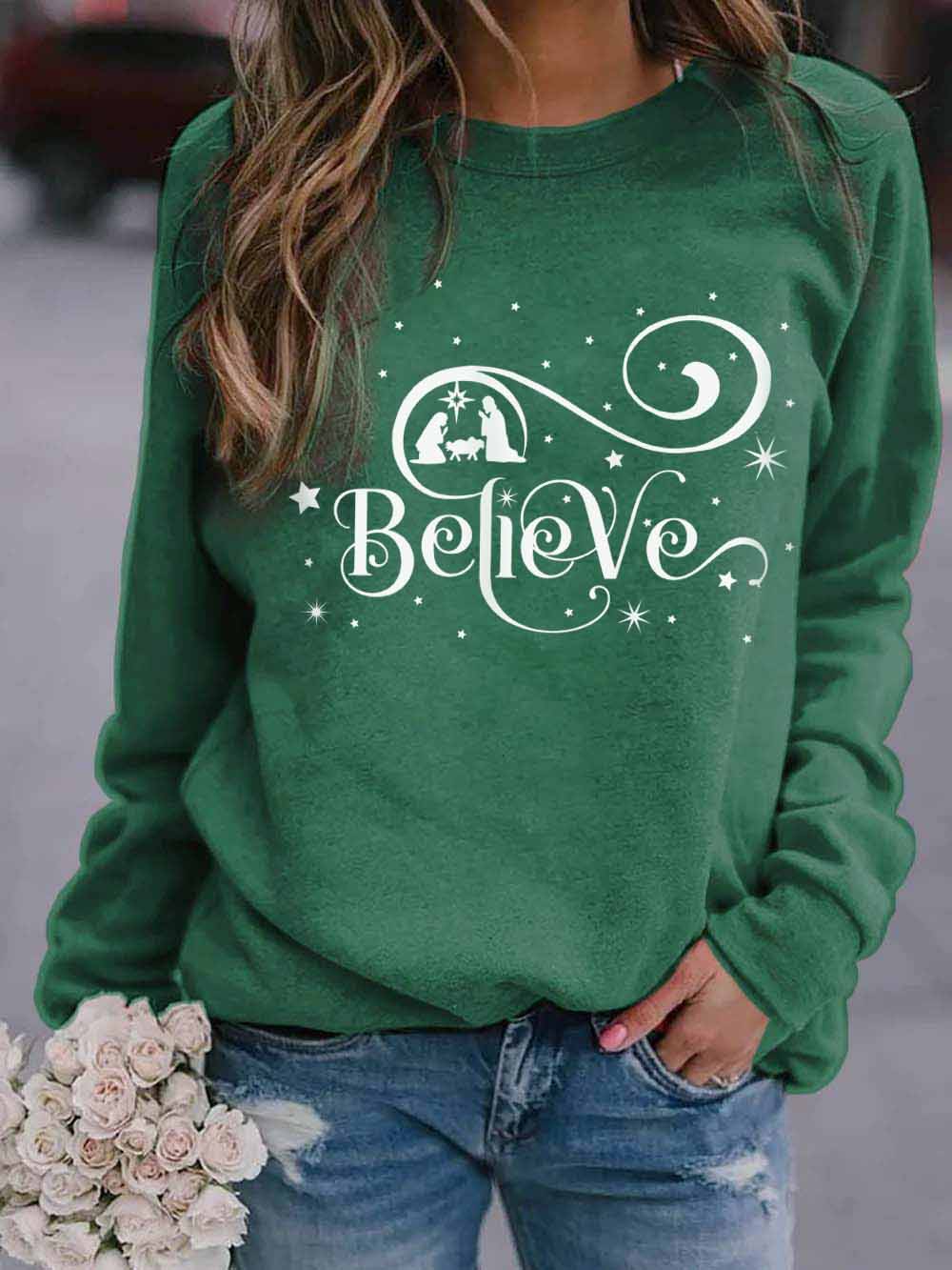 Ladies Christmas Believe Print Sweatshirt