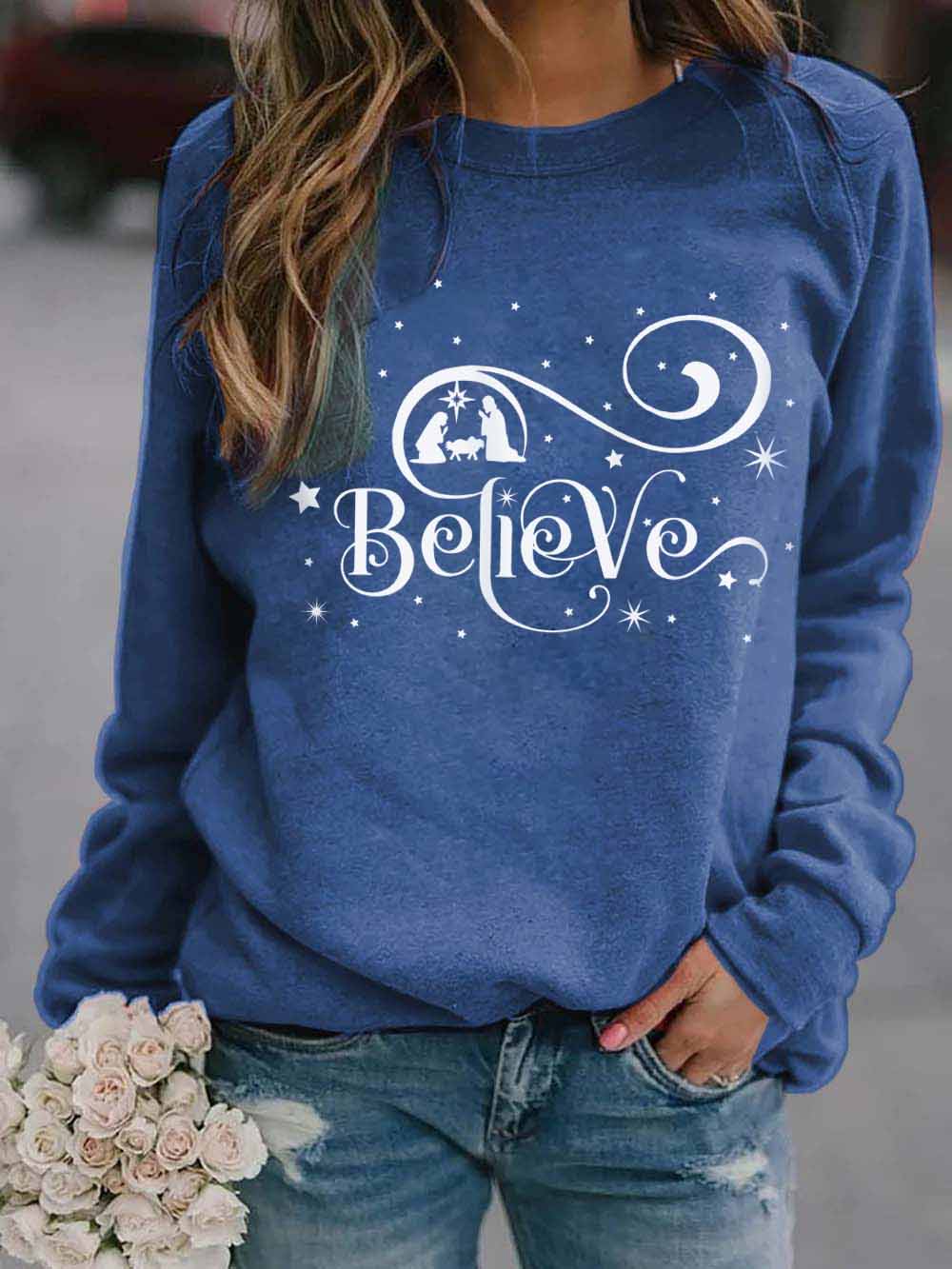 Ladies Christmas Believe Print Sweatshirt