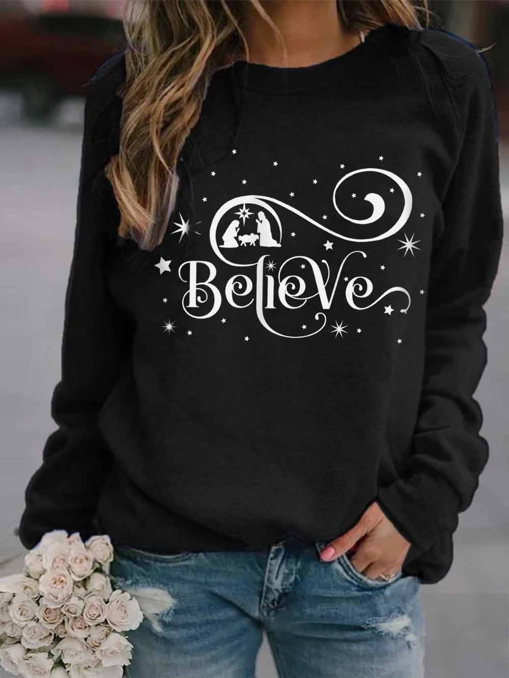 Ladies Christmas Believe Print Sweatshirt